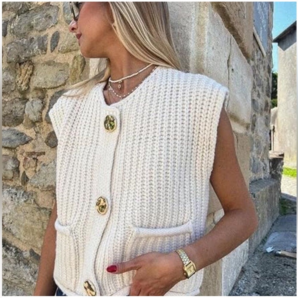 Button Down Sweater Vest Sleeveless Crop Knit Cardigan, S, 2H-1312T010